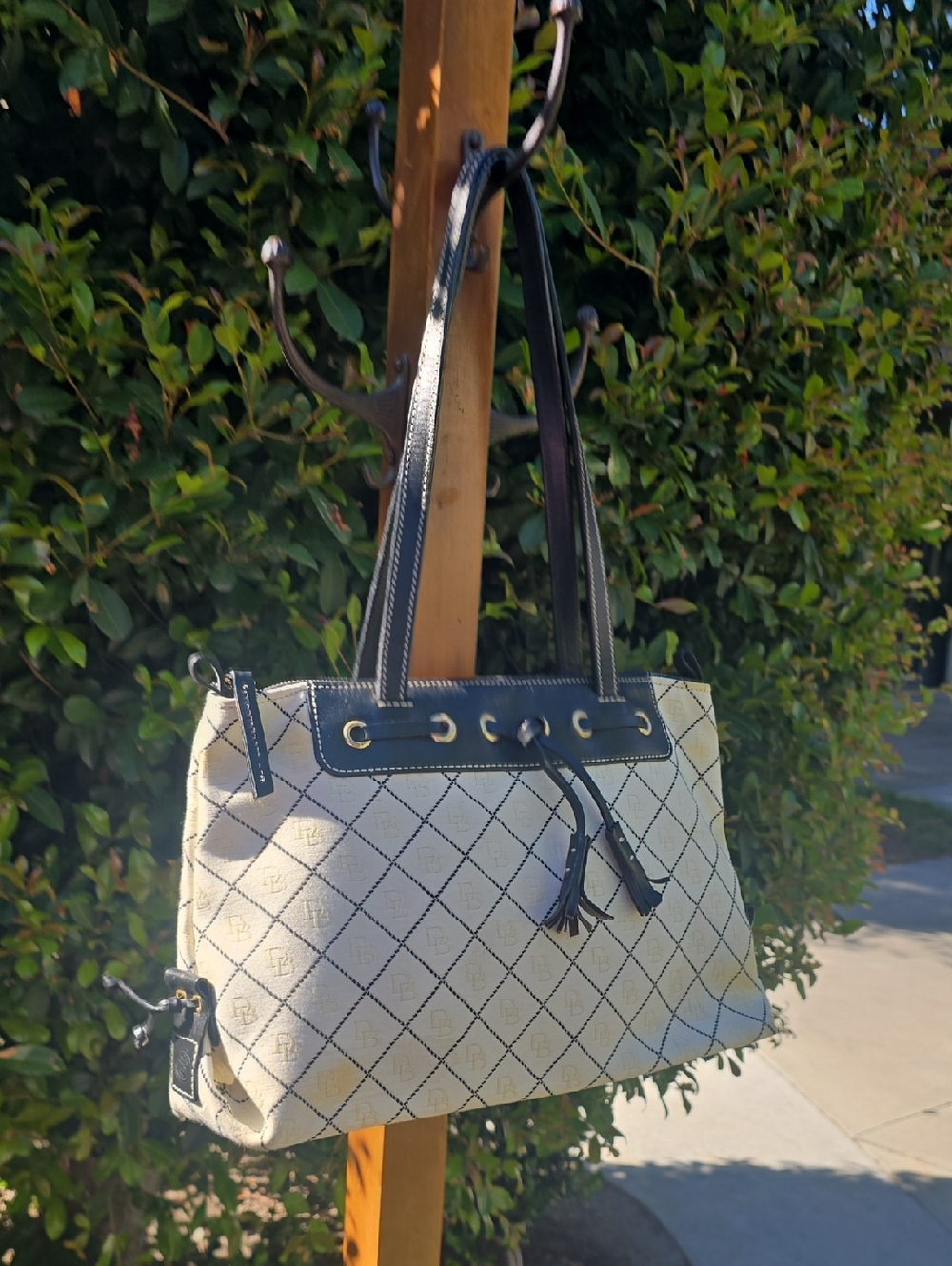 Canvas Diamond-Print Tote Bag with Black Trim